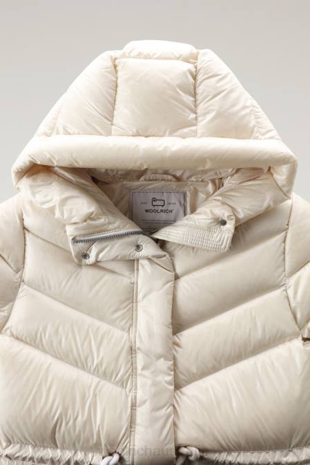 Woolrich Women Aliquippa Silky Long Down Jacket with a Drawstring Waist Milky Cream Clothing J026285