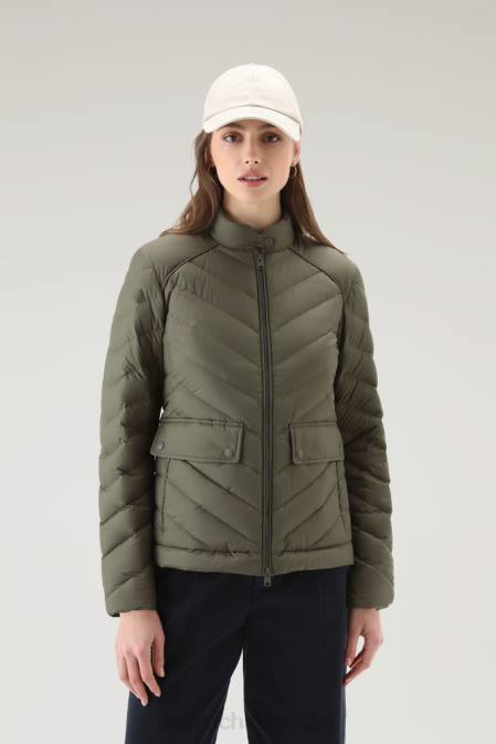 Woolrich Women Padded Short Jacket with Chevron Quilting Dark Green Clothing J0261