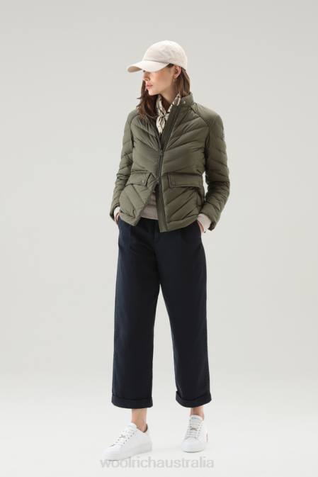 Woolrich Women Padded Short Jacket with Chevron Quilting Dark Green Clothing J0261