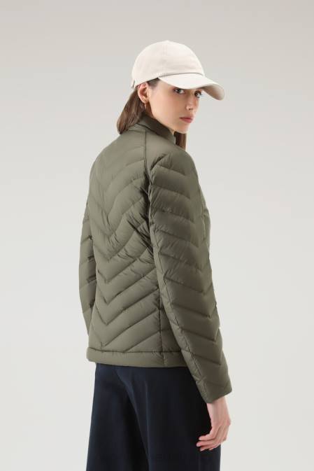 Woolrich Women Padded Short Jacket with Chevron Quilting Dark Green Clothing J0261