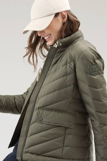 Woolrich Women Padded Short Jacket with Chevron Quilting Dark Green Clothing J0261