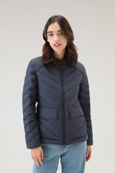 Woolrich Women Padded Short Jacket with Chevron Quilting Melton Blue Clothing J02611