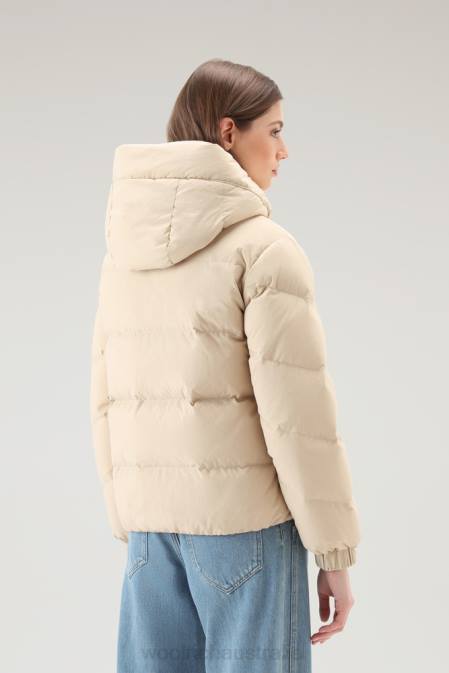 Woolrich Women Quilted Down Jacket in Eco Taslan Nylon with Detachable Hood Beach Sand Clothing J026139