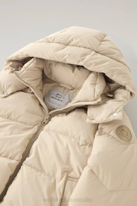 Woolrich Women Quilted Down Jacket in Eco Taslan Nylon with Detachable Hood Beach Sand Clothing J026139