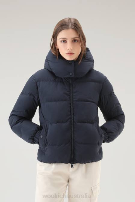 Woolrich Women Quilted Down Jacket in Eco Taslan Nylon with Detachable Hood Melton Blue Clothing J02681