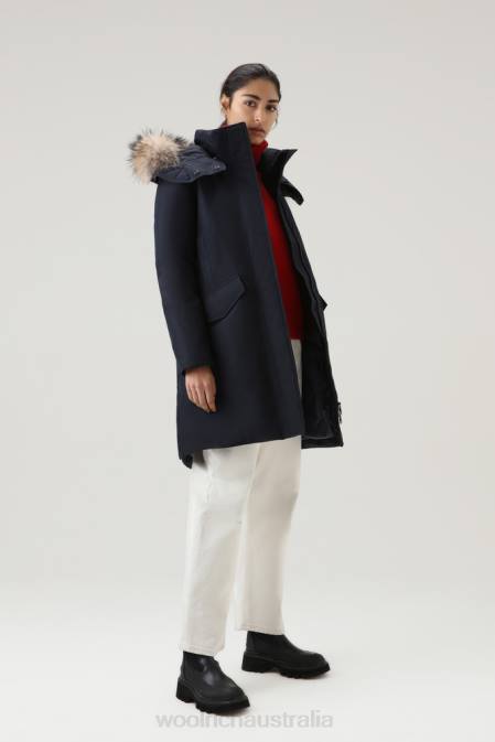 Woolrich Women Adirondack Waterproof Parka in GORE-TEX with Detachable Hood and Fur Trim Melton Blue Clothing J026323