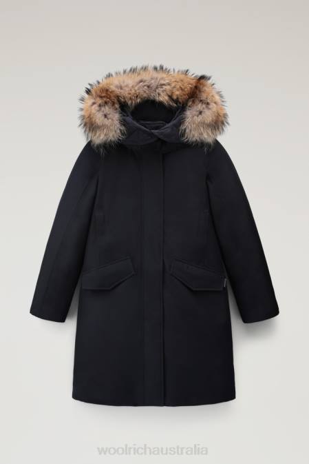 Woolrich Women Adirondack Waterproof Parka in GORE-TEX with Detachable Hood and Fur Trim Melton Blue Clothing J026323