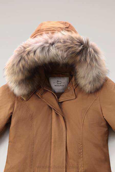 Woolrich Women Arctic Parka in Ramar Cloth with Detachable Fur Trim Dark Camel Clothing J026366