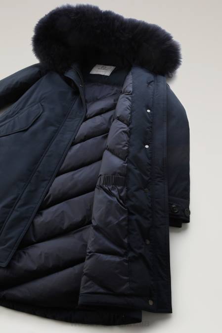 Woolrich Women Keystone Long Parka in Urban Touch with Cashmere Fur Melton Blue Clothing J026295