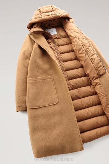 Woolrich Women Kuna Parka in Wool and Cashmere Blend Dark Camel Clothing J026251