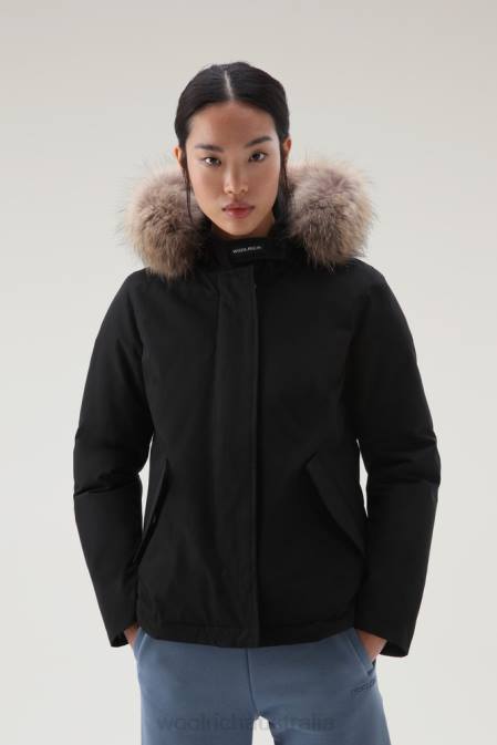 Woolrich Women Short Arctic Parka in Ramar Cloth with Detachable Fur Black Clothing J026369