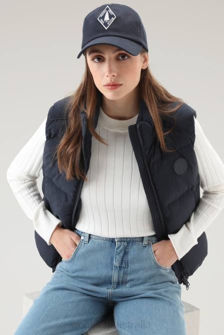 Woolrich Women Quilted Vest in Eco Taslan Nylon Melton Blue Clothing J026175