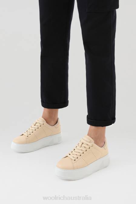 Woolrich Women Chunky Court Sneakers in Calf Leather with Contrast Details Peach Footwear J02692