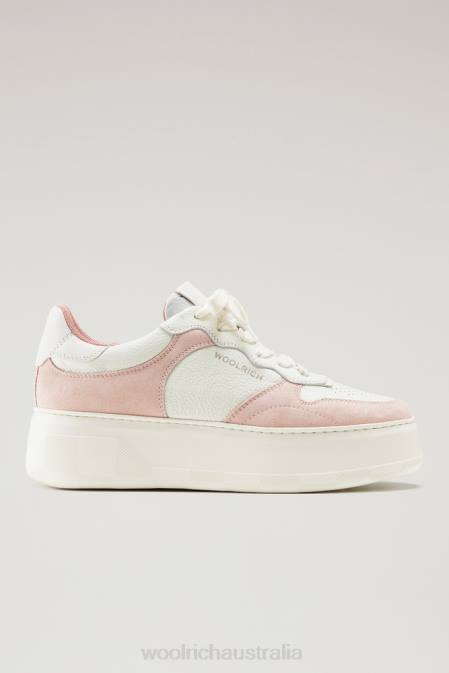 Woolrich Women Chunky Court Sneakers in Soft Leather with Suede Inserts Rose Off White Footwear J026163