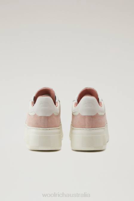 Woolrich Women Chunky Court Sneakers in Soft Leather with Suede Inserts Rose Off White Footwear J026163
