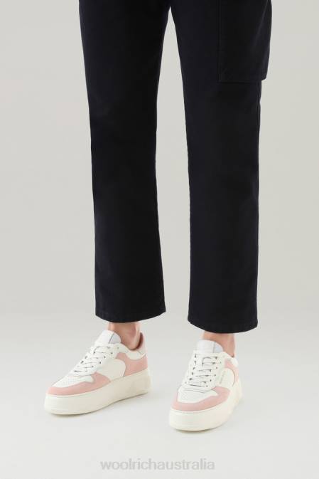 Woolrich Women Chunky Court Sneakers in Soft Leather with Suede Inserts Rose Off White Footwear J026163