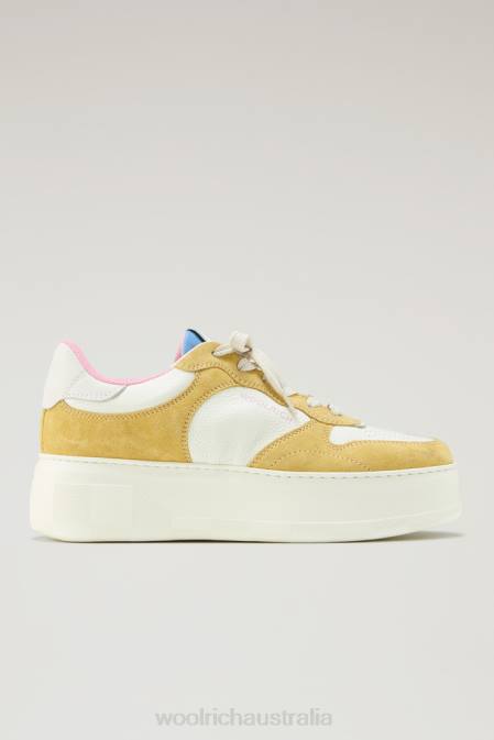 Woolrich Women Chunky Court Sneakers in Soft Leather with Suede Inserts Yellow Off White Footwear J02690