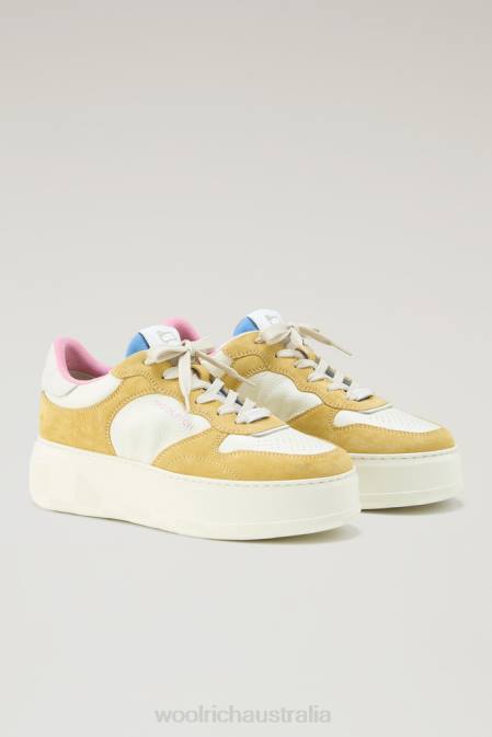 Woolrich Women Chunky Court Sneakers in Soft Leather with Suede Inserts Yellow Off White Footwear J02690