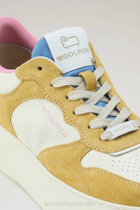 Woolrich Women Chunky Court Sneakers in Soft Leather with Suede Inserts Yellow Off White Footwear J02690