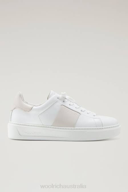 Woolrich Women Classic Court Sneakers in Soft Calf Leather with Contrast Details White Cream Footwear J026176