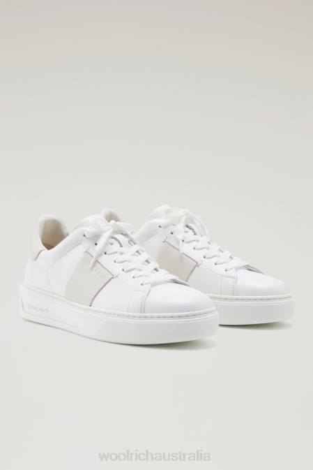 Woolrich Women Classic Court Sneakers in Soft Calf Leather with Contrast Details White Cream Footwear J026176