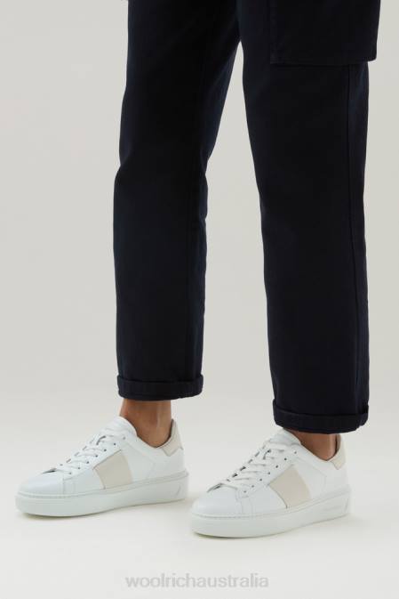 Woolrich Women Classic Court Sneakers in Soft Calf Leather with Contrast Details White Cream Footwear J026176