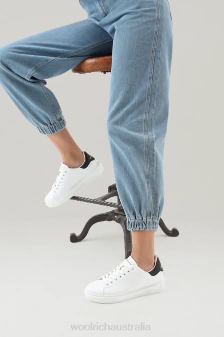 Woolrich Women Classic Court Sneakers in Soft Calf Leather with Contrast Rear Patch White Black Footwear J02650