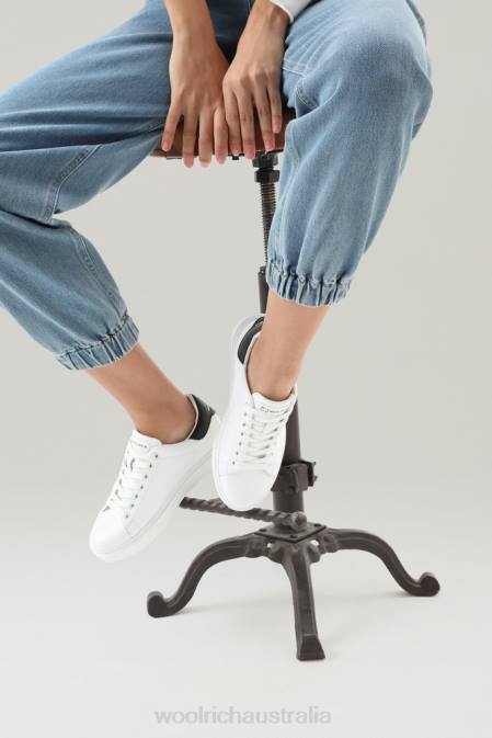 Woolrich Women Classic Court Sneakers in Soft Calf Leather with Contrast Rear Patch White Black Footwear J02650