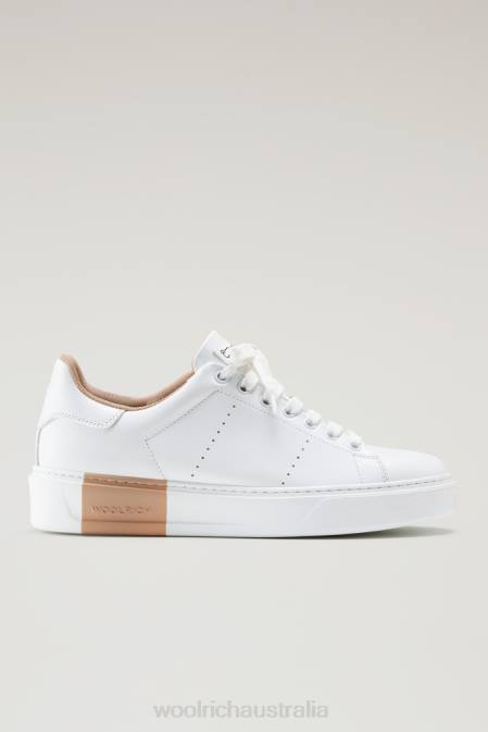 Woolrich Women Classic Court Sneakers in Soft Leather with Contrast Lining White Beige Footwear J026200