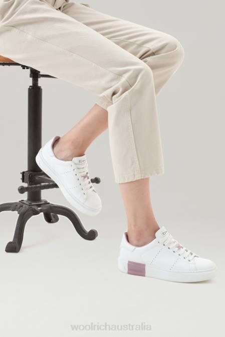 Woolrich Women Classic Court Sneakers in Soft Leather with Contrast Lining White Rose Footwear J026201